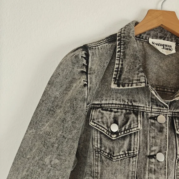 Savanna Jane Nwot Puff Sleeve Denim Cropped Jacket In Black Acid Wash Size LG - Picture 5 of 12